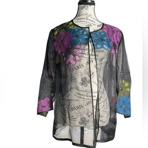 Chico's 2 Sheer Black Silk Floral Appliqué Open Front Kimono Jacket Topper